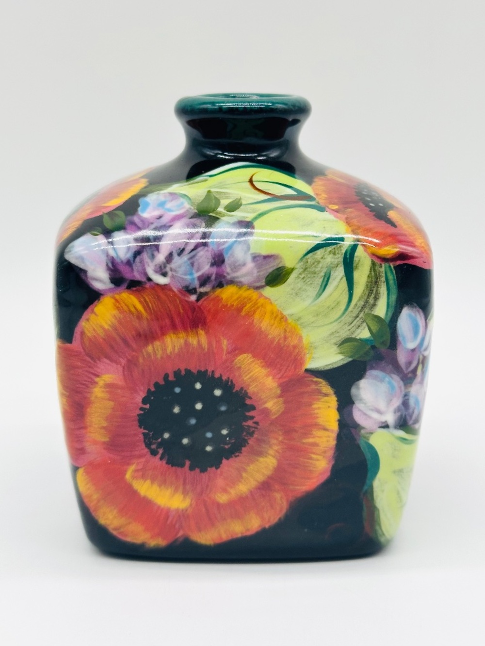 Lesal Ceramics Hand Crafted Hand Painted Floral Square Vase Signed